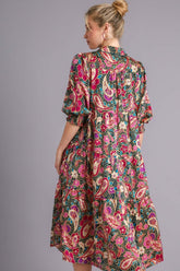 Umgee Full Size Paisley Print Satin Tiered Midi Dress Plus Size OutfitFlow